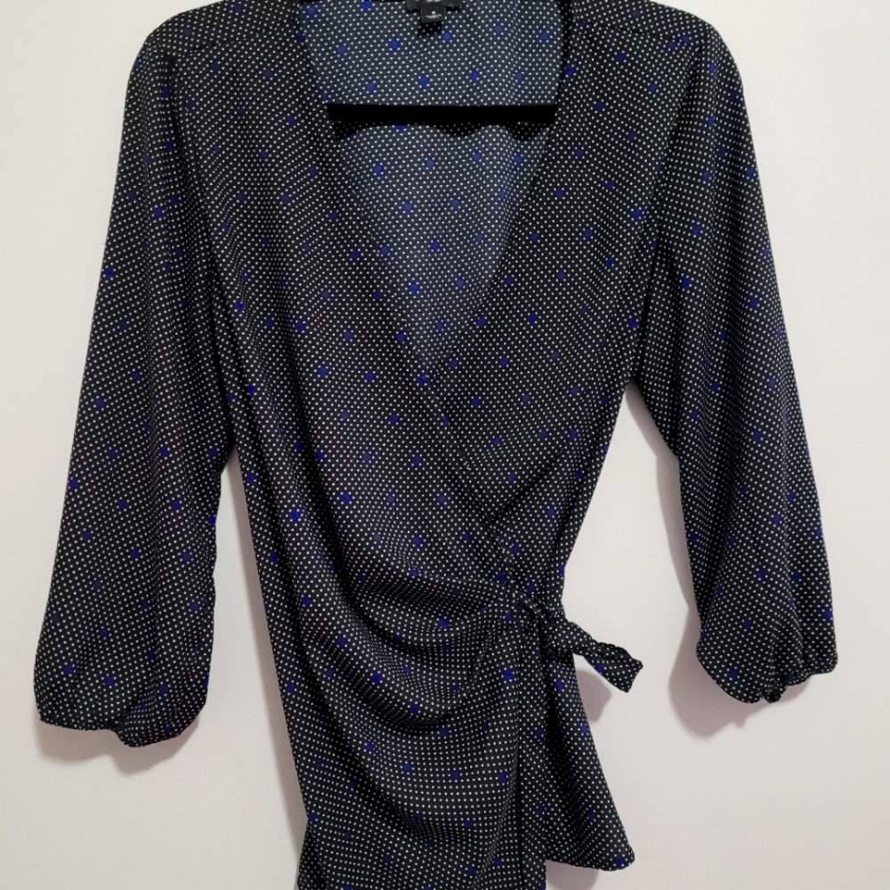 Ann Taylor | Black w/ White and Cobalt Blue Polka Dots | Wrap Top | Size 8